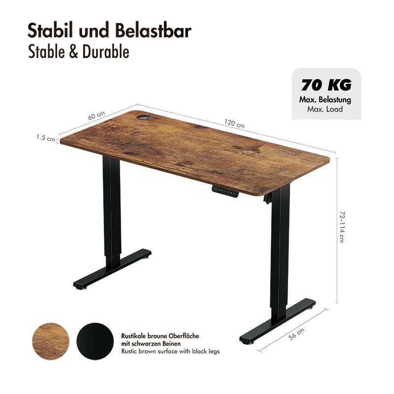 LOGILINK EO0057 Elektrischer Sitz-Steh-Schreibtisch, 120x60 cm, Einzelmotor, braune Tischplatte, 70 kg Belastung