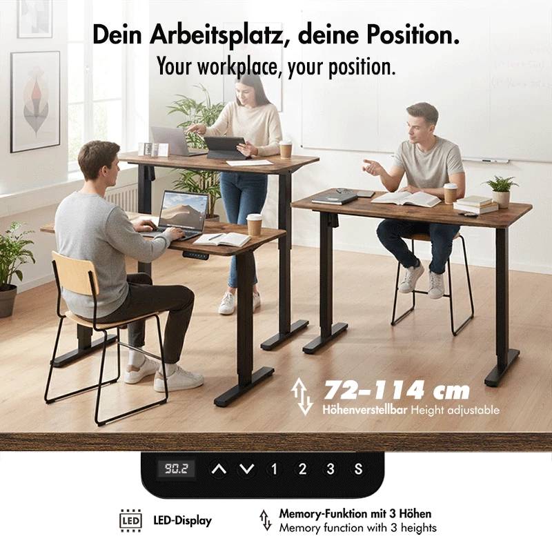 LOGILINK EO0057 Elektrischer Sitz-Steh-Schreibtisch, 120x60 cm, Einzelmotor, braune Tischplatte, 70 kg Belastung