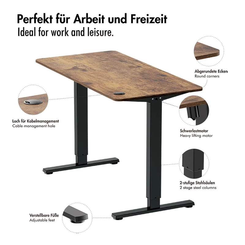 LOGILINK EO0057 Elektrischer Sitz-Steh-Schreibtisch, 120x60 cm, Einzelmotor, braune Tischplatte, 70 kg Belastung
