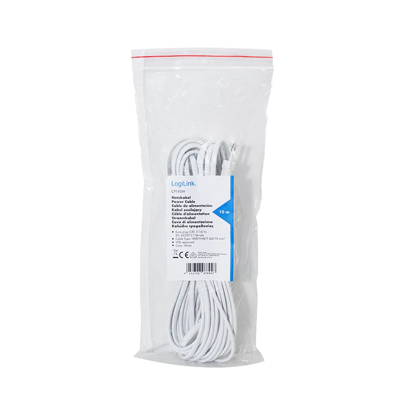 LogiLink CP195W Netzkabel CEE 7/16 auf IEC C7 Weiß 10 m