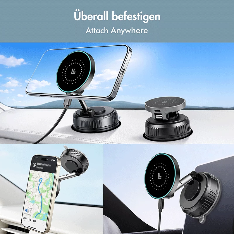 LogiLink kabelloses Auto-Ladegerät, Vakuum-Magnet, 360° klappbar, 25W