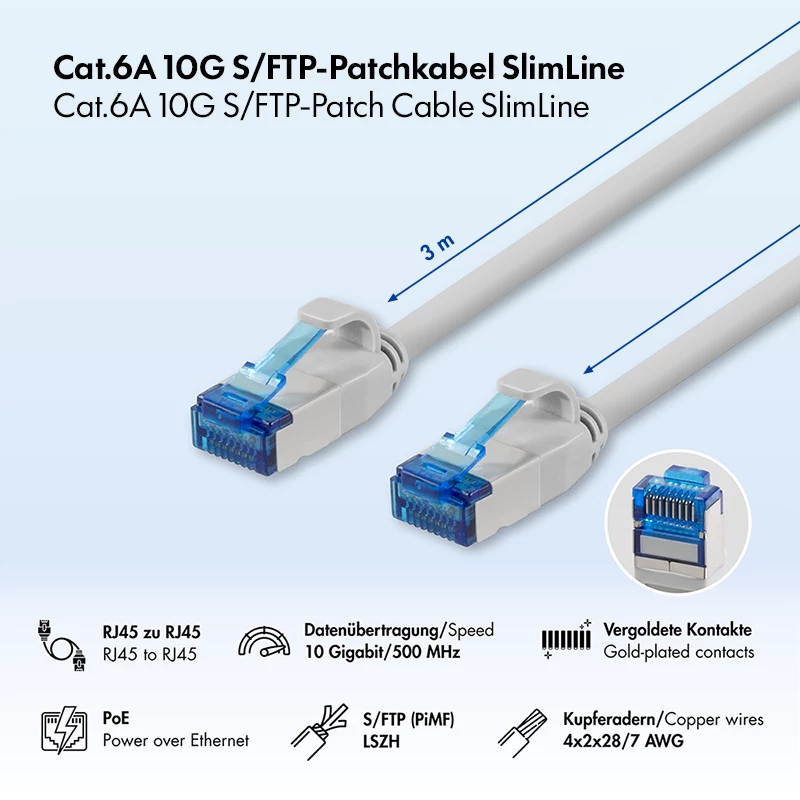 LogiLink Cat.6A Slim S/FTP LSZH Patchkabel, Grau, 3 m, SlimLine