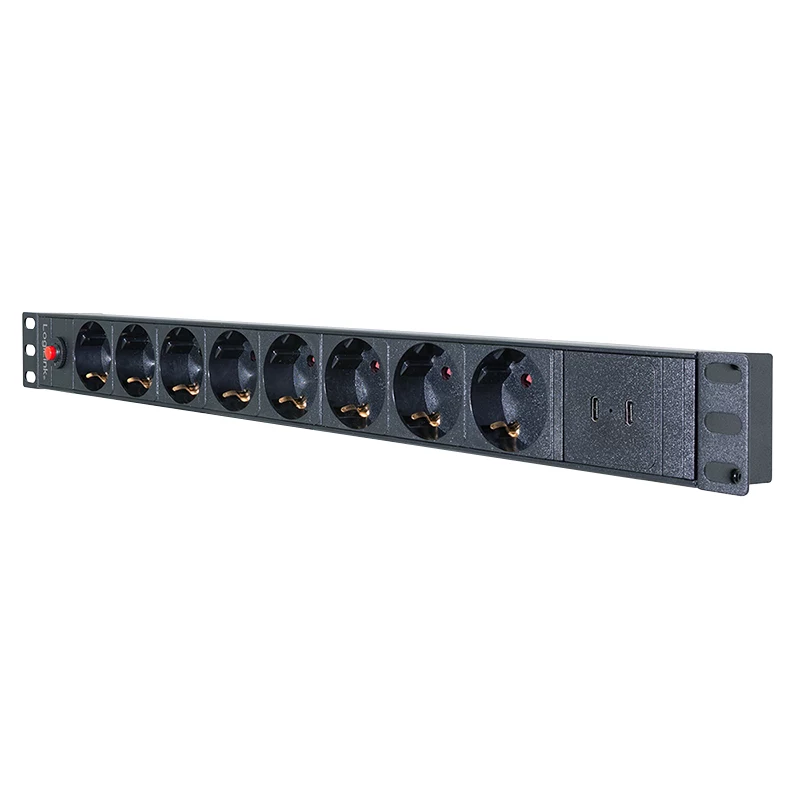 LogiLink PDU8C06 19 inch 1U 8-fach Schuko PDU mit Überspannungsschutz, 2x USB-C, Überlastschutz, 2m Kabel, Schwarz/Silber