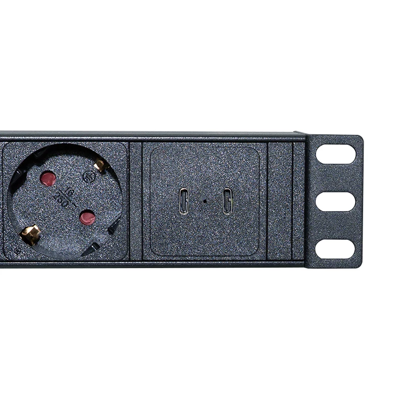 LogiLink PDU8C06 19 inch 1U 8-fach Schuko PDU mit Überspannungsschutz, 2x USB-C, Überlastschutz, 2m Kabel, Schwarz/Silber