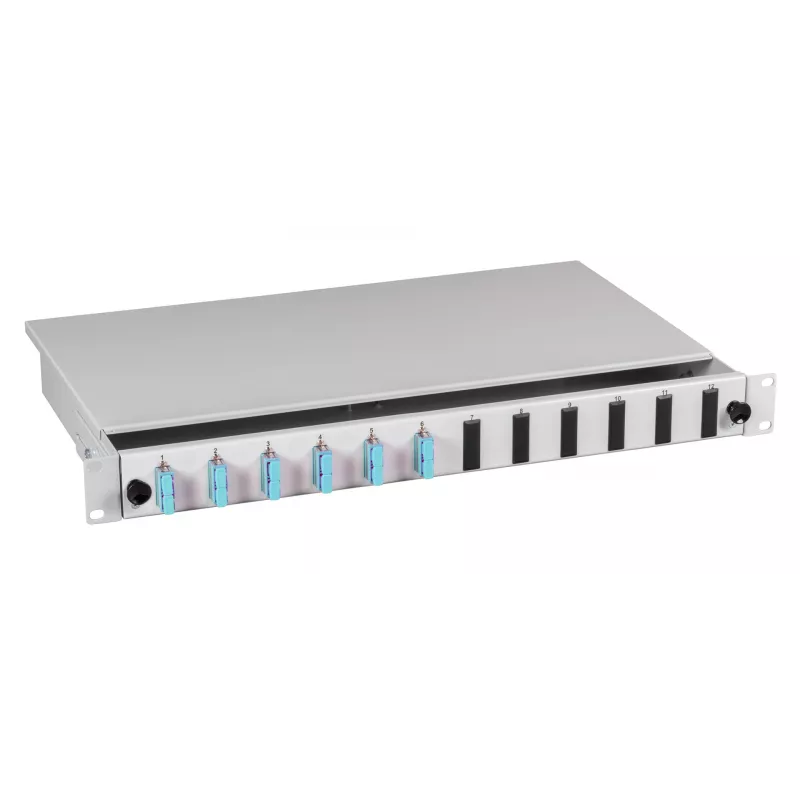 EFB Elektronik 19 Zoll 1U Rack-Montage Glasfaser-Spleißbox SC/SC 50/125µm Multimode, 24 Pigtails, 12 Duplex-Adapter, Schublade, Hellgrau