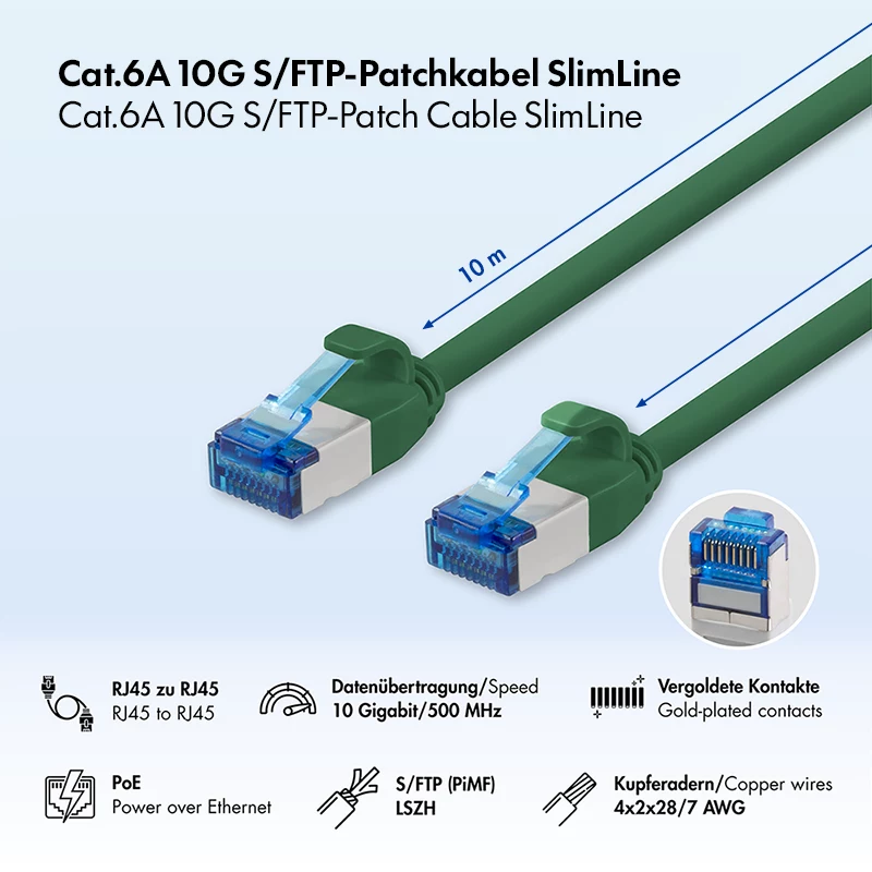 LogiLink SlimLine Cat.6A S/FTP LSZH Patchkabel, Grün, 10 m