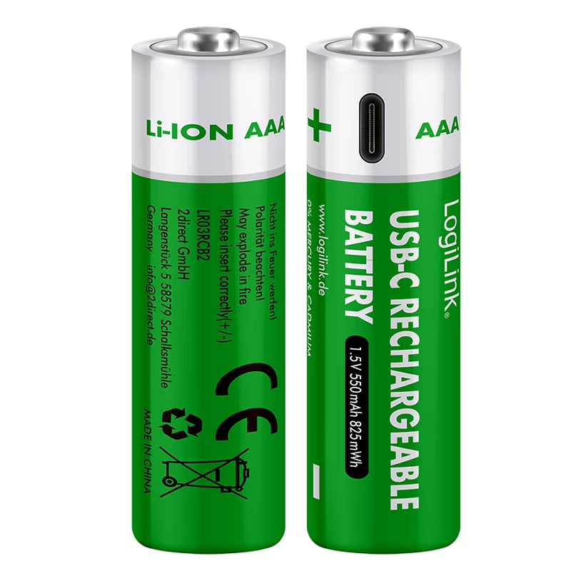 LogiLink LR03RCB2 USB-C wiederaufladbare AAA Li-Ion Akkus, 1,5V, 2er-Pack