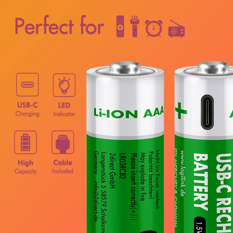 LogiLink LR03RCB2 USB-C wiederaufladbare AAA Li-Ion Akkus, 1,5V, 2er-Pack