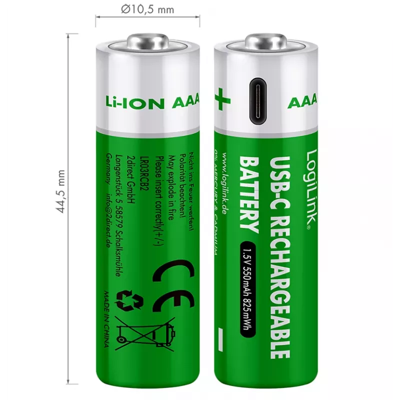 LogiLink LR03RCB2 USB-C wiederaufladbare AAA Li-Ion Akkus, 1,5V, 2er-Pack