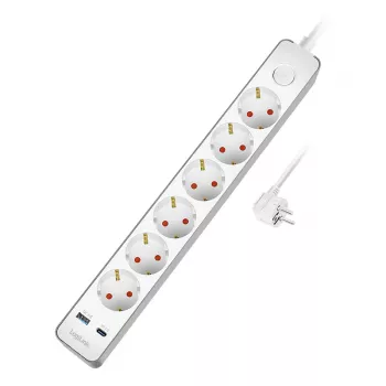 LogiLink Steckdosenleiste mit 6 Sicherheitssteckdosen, USB-A & USB-C PD 20W, Kippschalter, 1,5 m, Weiß