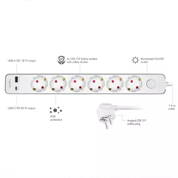 LogiLink Steckdosenleiste mit 6 Sicherheitssteckdosen, USB-A & USB-C PD 20W, Kippschalter, 1,5 m, Weiß