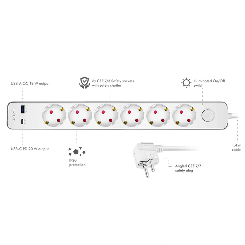 LogiLink Steckdosenleiste mit 6 Sicherheitssteckdosen, USB-A & USB-C PD 20W, Kippschalter, 1,5 m, Weiß