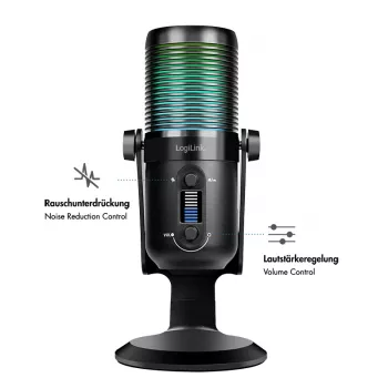 LogiLink USB-Kondensatormikrofon mit RGB-Licht, Niere/Nierencharakteristik, 20 Hz - 20 kHz, Schwarz (HS0059)