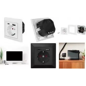 LogiLink PA0262B Wandsteckdose mit 1 Schuko-Steckdose, 1 USB-A- und 1 USB-C-Ladegerät, Schwarz