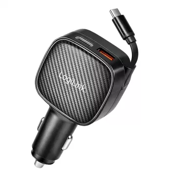 LogiLink USB-Auto-Ladegerät, 3 Ports inkl. einziehbarem USB-C-Kabel, 60W, PD, QC, schwarz