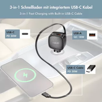 LogiLink USB-Auto-Ladegerät, 3 Ports inkl. einziehbarem USB-C-Kabel, 60W, PD, QC, schwarz