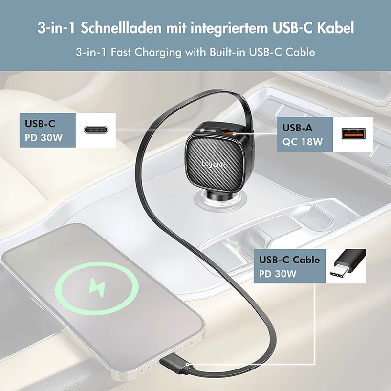 LogiLink USB-Auto-Ladegerät, 3 Ports inkl. einziehbarem USB-C-Kabel, 60W, PD, QC, schwarz