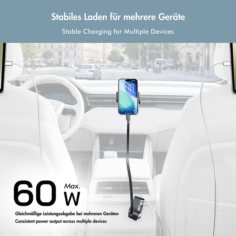 LogiLink USB-Auto-Ladegerät, 3 Ports inkl. einziehbarem USB-C-Kabel, 60W, PD, QC, schwarz