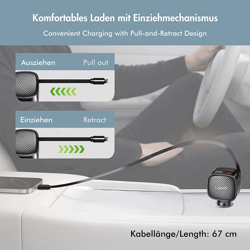 LogiLink USB-Auto-Ladegerät, 3 Ports inkl. einziehbarem USB-C-Kabel, 60W, PD, QC, schwarz