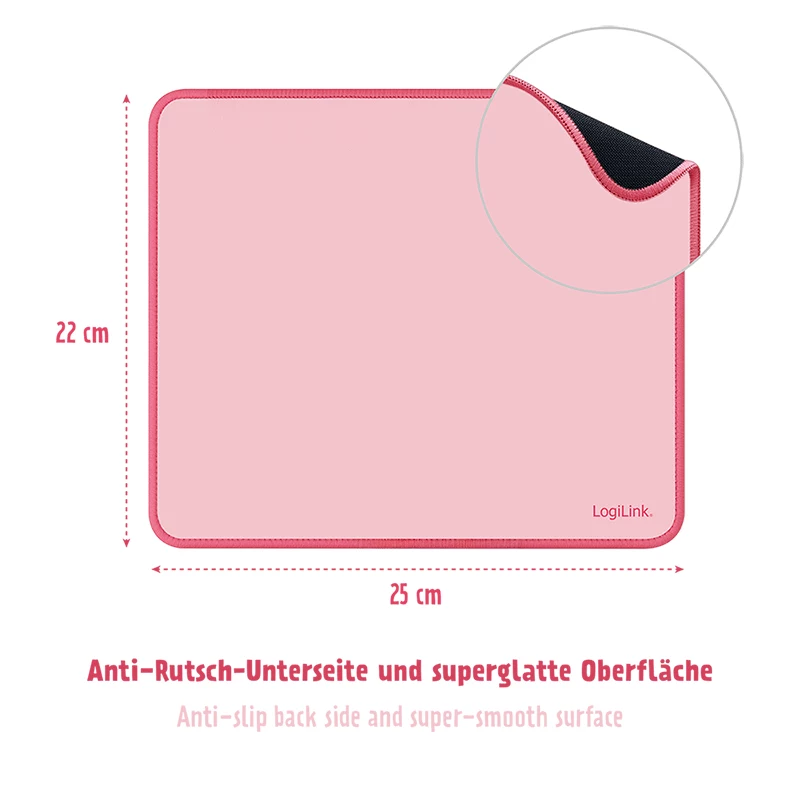 LogiLink Mauspad 220 x 250 mm Pink - Stoffoberfläche, rutschfeste Gummibasis