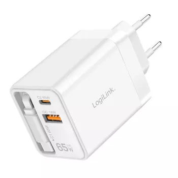 LogiLink USB-A/C-Ladegerät 65 W GaN 3-Port Weiß mit USB-C-Kabel