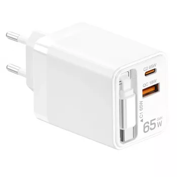 LogiLink USB-A/C-Ladegerät 65 W GaN 3-Port Weiß mit USB-C-Kabel