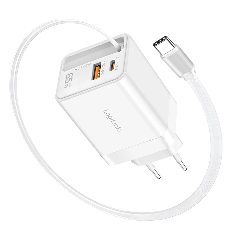 LogiLink USB-A/C-Ladegerät 65 W GaN 3-Port Weiß mit USB-C-Kabel