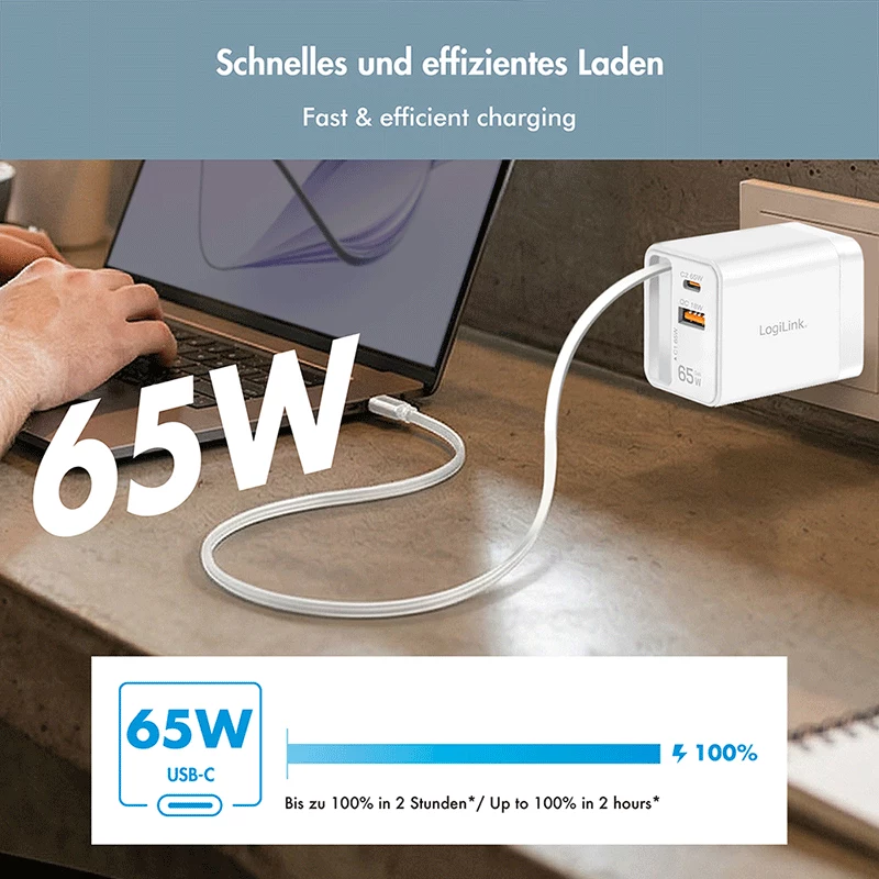 LogiLink USB-A/C-Ladegerät 65 W GaN 3-Port Weiß mit USB-C-Kabel