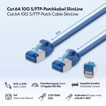 LogiLink Cat.6A Slim S/FTP LSZH Patchkabel, Blau, 5 m, SlimLine
