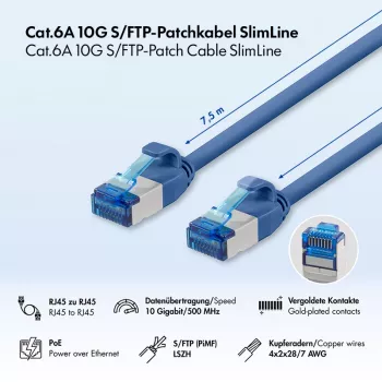LogiLink SlimLine Cat.6A S/FTP LSZH Patchkabel, 7,5 m, Blau