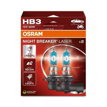 OSRAM Night Breaker Laser HB3 12V 60W P20d Halogenlampe, Doppelpack, bis zu 150% heller, 150m längere Lichtkegel, 20% weißeres Licht