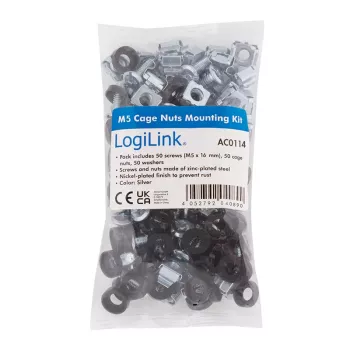LogiLink 19 inch Rack-Montageset M5, 50-teiliges Set mit Schrauben, Käfigmuttern und Unterlegscheiben, verzinkter Stahl
