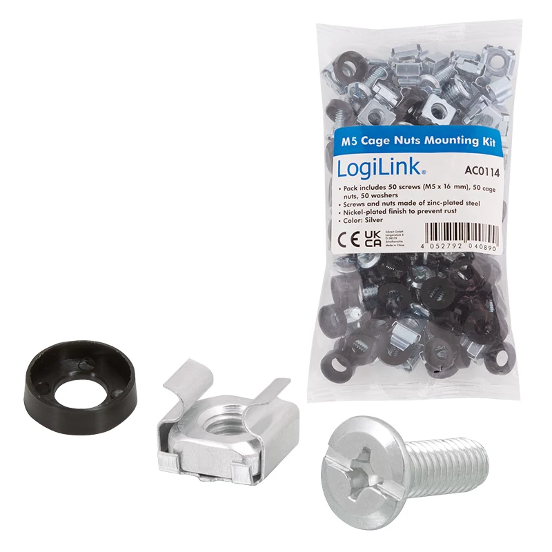 LogiLink 19 inch Rack-Montageset M5, 50-teiliges Set mit Schrauben, Käfigmuttern und Unterlegscheiben, verzinkter Stahl