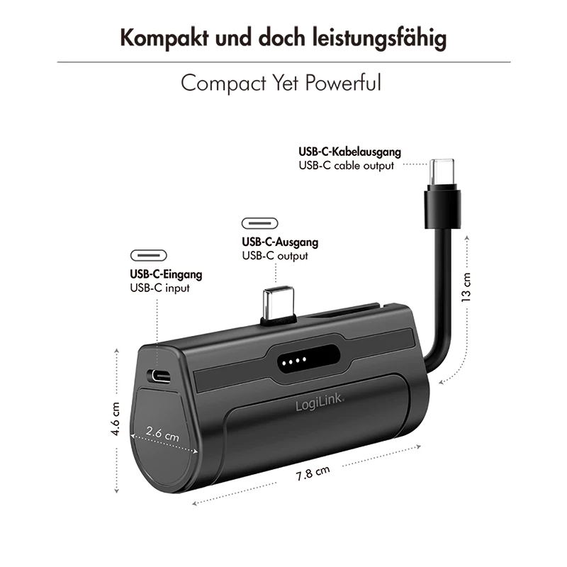 LogiLink Mobile Power Bank, LiPo, 4500 mAh, integrierter USB-C-Stecker, schwarz