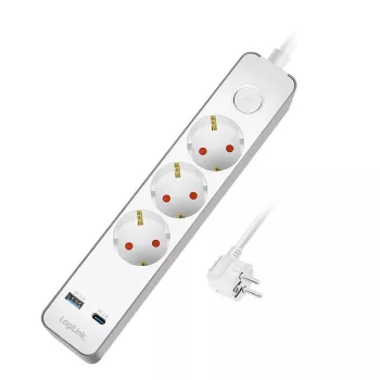 LogiLink LPS287U Steckdosenleiste mit 3 Sicherheitssteckdosen, USB-A & USB-C PD 20W, Kippschalter, 1,5m Kabel, Weiß