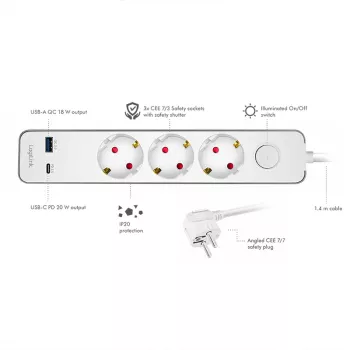 LogiLink LPS287U Steckdosenleiste mit 3 Sicherheitssteckdosen, USB-A & USB-C PD 20W, Kippschalter, 1,5m Kabel, Weiß
