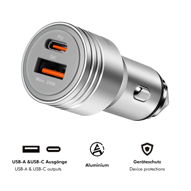 LogiLink USB-Autoladegerät, 2 Ports, 20W Schnellladung, Silber