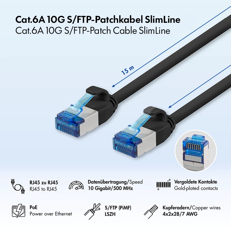 LogiLink Cat.6A Slim S/FTP LSZH Patchkabel, Schwarz, 15 m, SlimLine