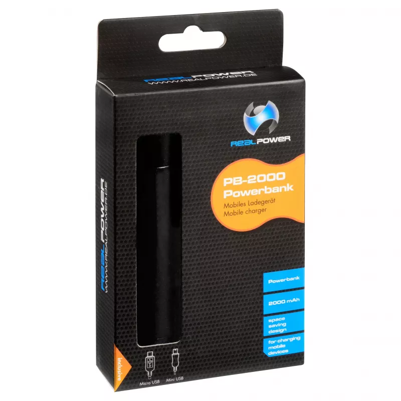RealPower PB2000 mAh Aluminium Power Bank, Schwarz