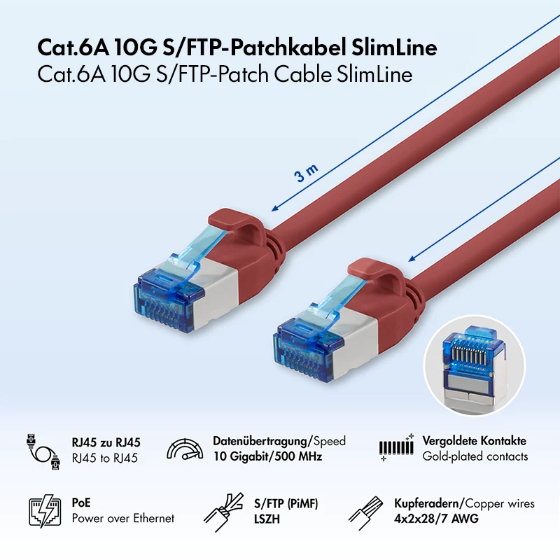 LogiLink SlimLine Cat.6A S/FTP LSZH Patchkabel, Rot, 3m, 10Gbps