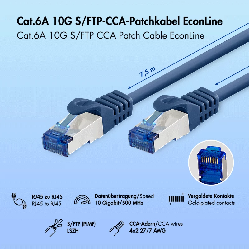 LogiLink EconLine Cat.6A S/FTP LSZH Patchkabel, CCA, Blau, 7,5 m