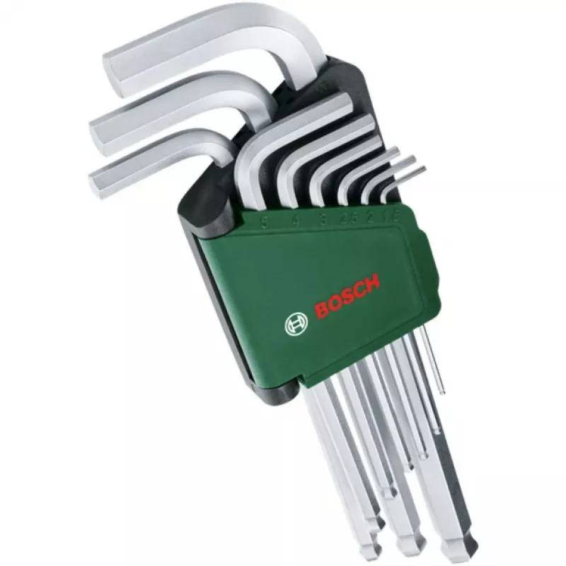 BOSCH 9-teiliger Inbusschlüsselsatz mit farbcodierten L-Schlüsseln, Kugelkopf und Haltefunktion, metrisch 1,5-10 mm, BlackLaser-Oberfläche, Clip-Halter