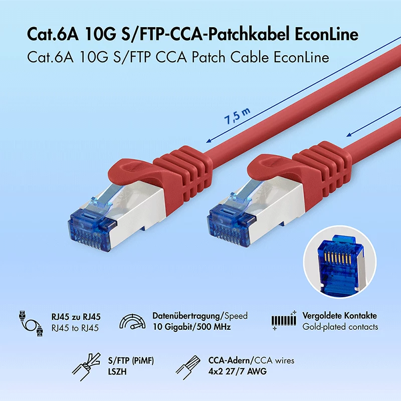 LogiLink Cat.6A S/FTP LSZH Patchkabel, CCA, Rot, 7,5m, EconLine