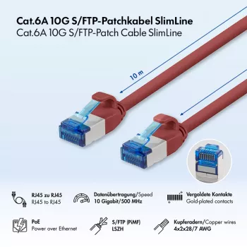 LogiLink Cat.6A Slim S/FTP LSZH Patchkabel, Rot, 10 m