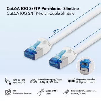 LogiLink Cat.6A Slim S/FTP LSZH Patchkabel, Weiß, 10 m, SlimLine