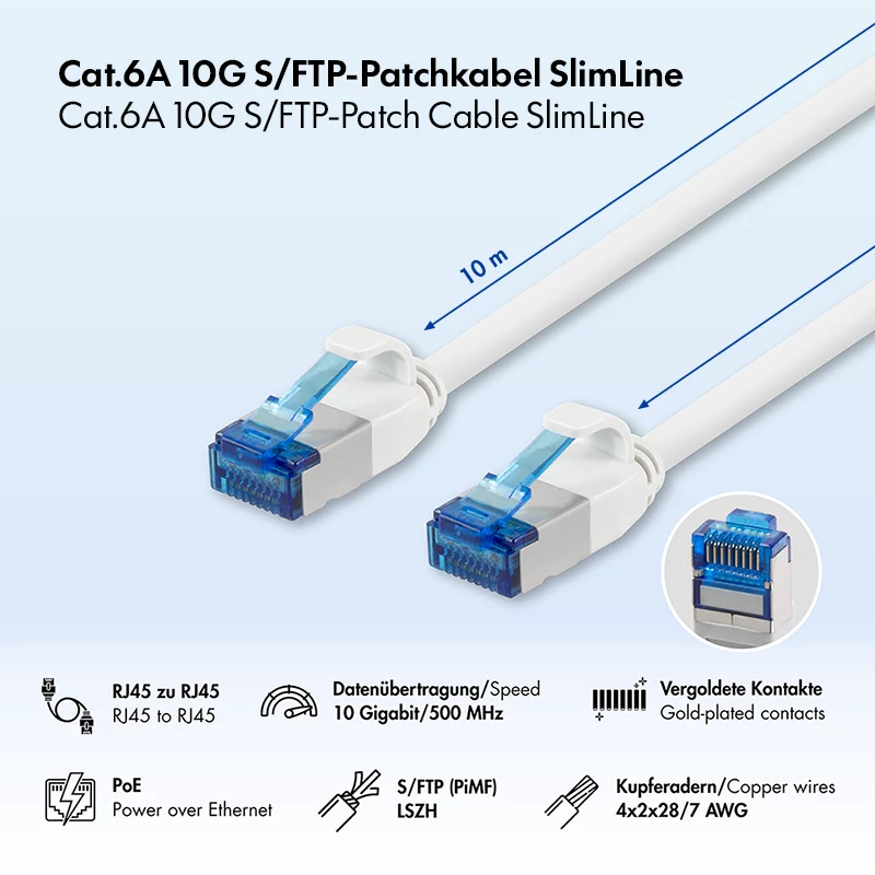 LogiLink Cat.6A Slim S/FTP LSZH Patchkabel, Weiß, 10 m, SlimLine