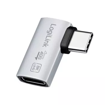 LogiLink USB4 Type-C 90° Adapter, C/M auf C/F, 40 Gbit/s, 240W, 8K/60Hz, Aluminium, Silber