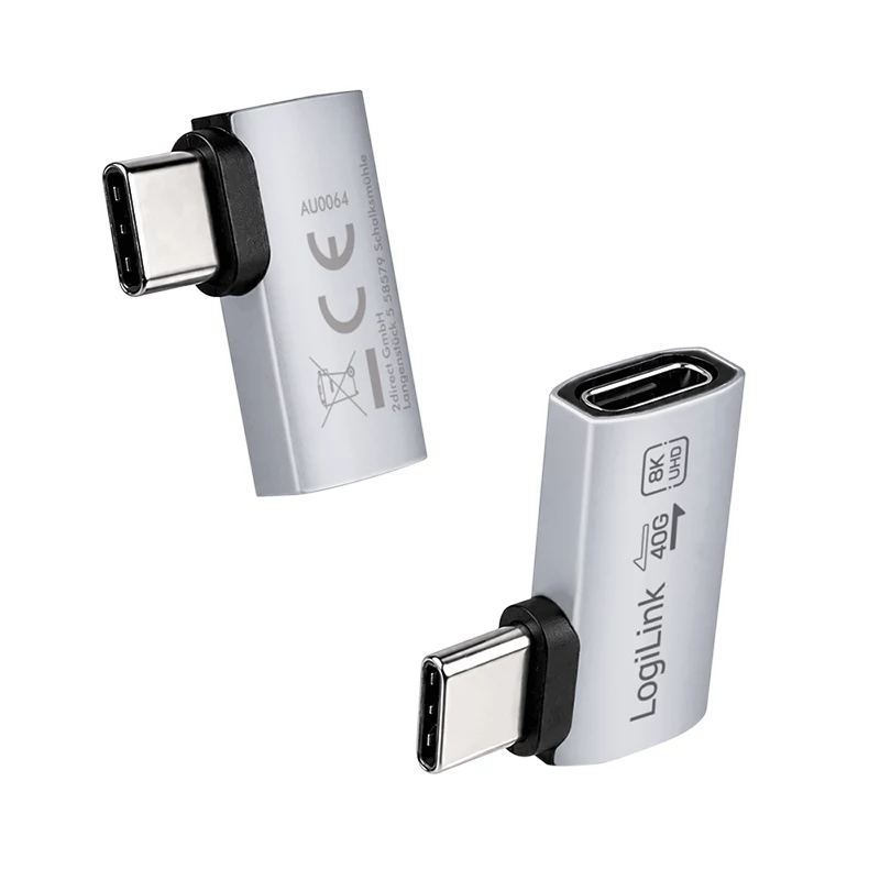 LogiLink USB4 Type-C 90° Adapter, C/M auf C/F, 40 Gbit/s, 240W, 8K/60Hz, Aluminium, Silber