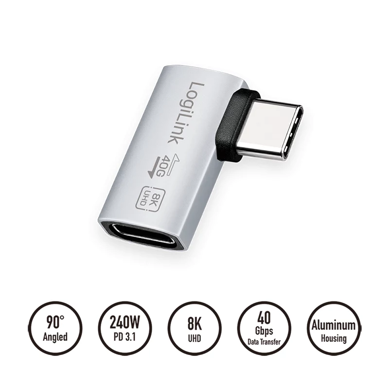 LogiLink USB4 Type-C 90° Adapter, C/M auf C/F, 40 Gbit/s, 240W, 8K/60Hz, Aluminium, Silber