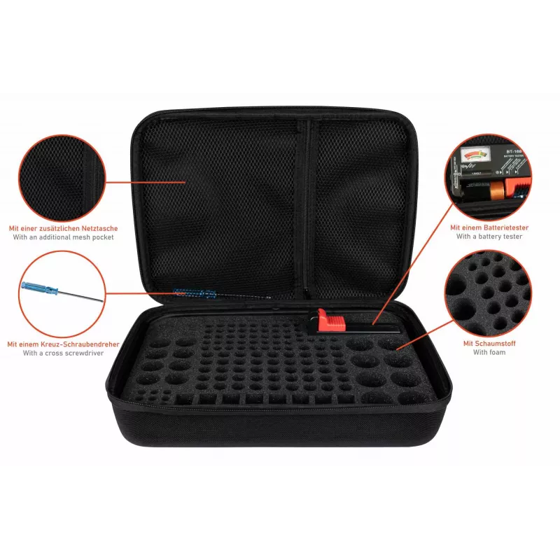 Kabelmeister Batterie-Aufbewahrungsbox mit integriertem Tester für AA, AAA, C, D, 9V und Knopfzellen - Schwarz
